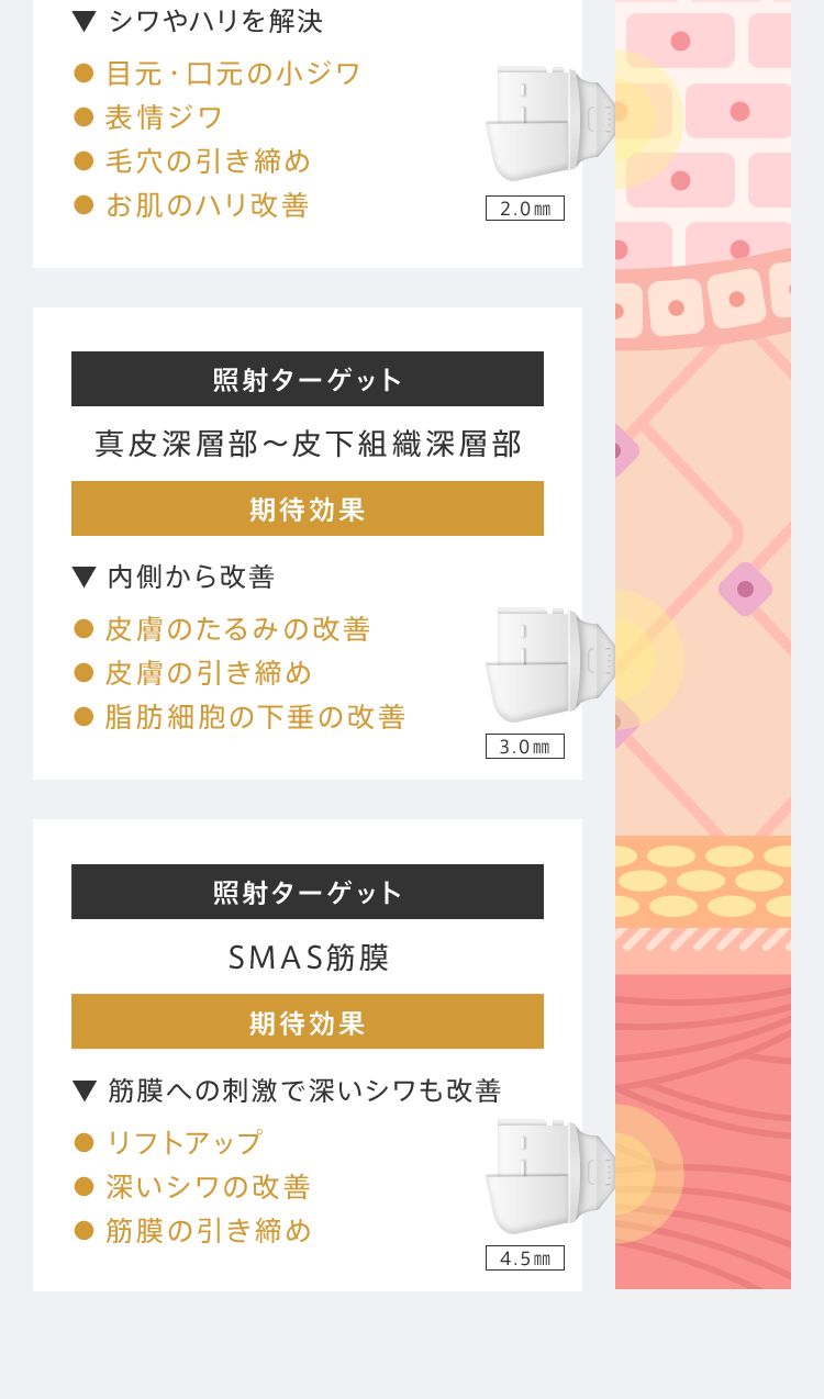 【照射ターゲット:真皮上層部~下層部】期待効果:▼ シワやハリを解決● 目元・口元の小ジワ● 表情ジワ● 毛穴の引き締め● お肌のハリ改善【照射ターゲット:真皮深層部~皮下組織深層部】期待効果:▼ 内側から改善● 皮膚のたるみの改善● 皮膚の引き締め● 脂肪細胞の下垂の改善【照射ターゲット:SMAS筋膜】期待効果:▼ 筋膜への刺激で深いシワも改善● リフトアップ● 深いシワの改善● 筋膜の引き締め